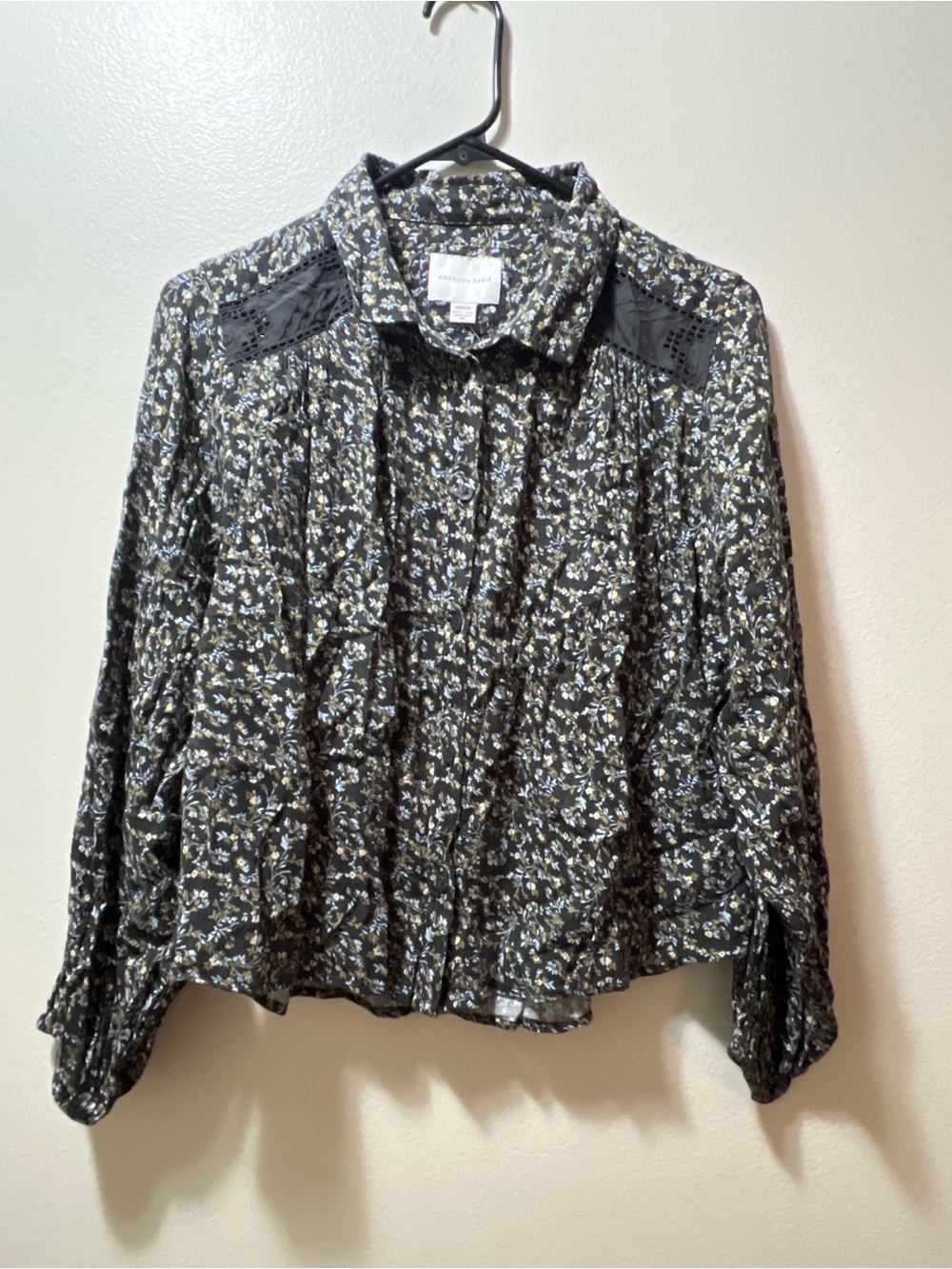American Eagle Black Floral Button-Up Blouse with Lace
